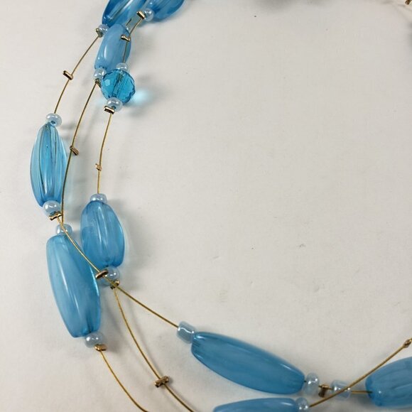 Gold-tone Wire Multi-Row Illusion Blue Beads Necklace, matching Earrings 18+2.5" - Picture 6 of 8